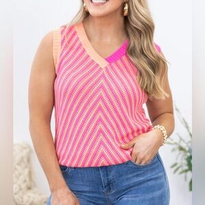 MOD BOUTIQUE Pink Contrast Chevron V-Neck Knit Top EUC